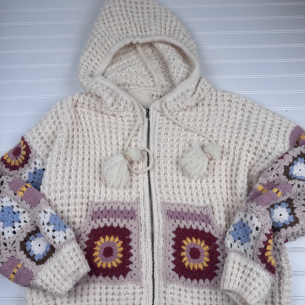 POL Women's Small Crochet Granny Square Hooded Full Zip Sweater NWOT